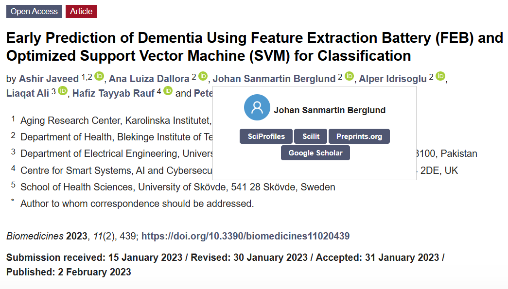 Early Prediction of Dementia Using Feature Extraction Battery (FEB) and Optimized Support Vector Machine (SVM) for Classification